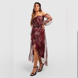 Boohoo Floral Mesh Ruched Maxi Dress